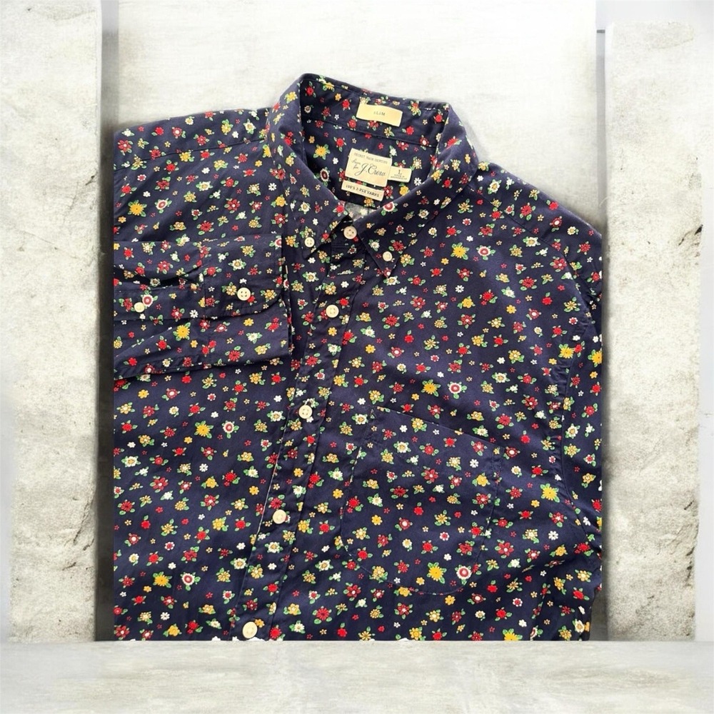 J.Crew Mens Slim Secret Wash Shirt L Navy Floral Ditsy Print 100s‎ 2-Ply Cotton